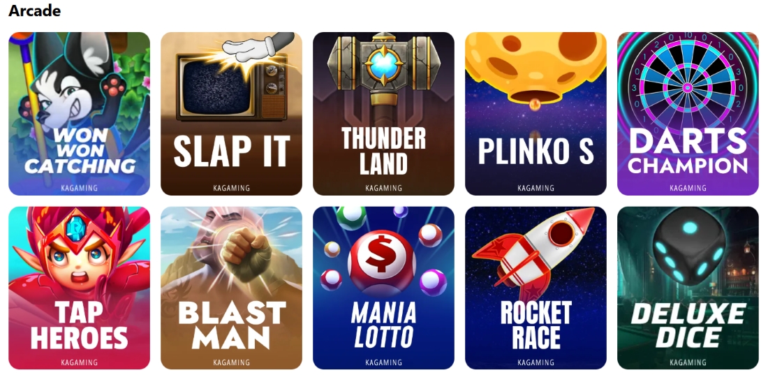 Arcade games list showing Rocket Race, Thunder Land, Darts Champion, and others