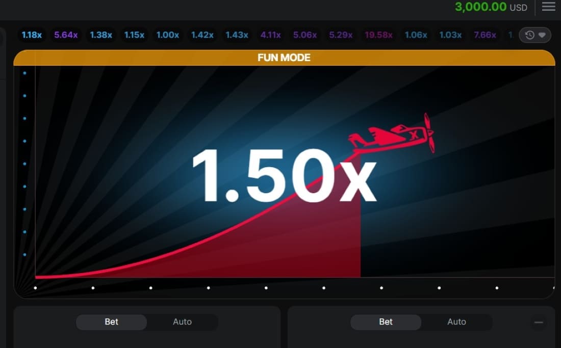 Aviator round in fun mode displaying 1.50x multiplier with plane rising across screen