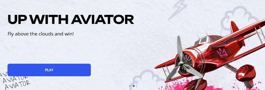 Promotional banner for Aviator with red aircraft and message to fly above and win