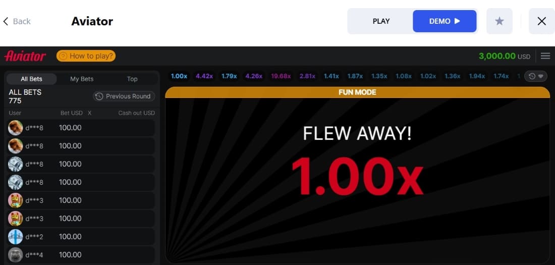 Aviator crash game round ended at 1.00x with a list of players and bets on the left panel