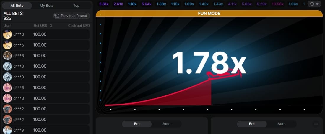 Aviator game showing a multiplier of 1.78x in progress with rising red flight path