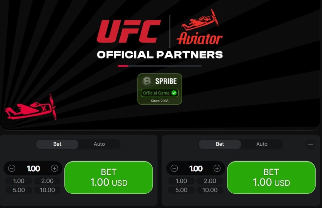 Aviator crash game partnered with UFC showing betting interface and green bet buttons