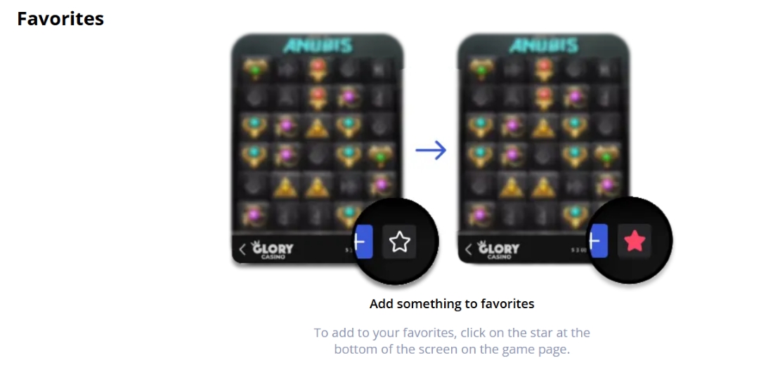 Tutorial showing how to add games to favorites using the star icon on Glory Casino