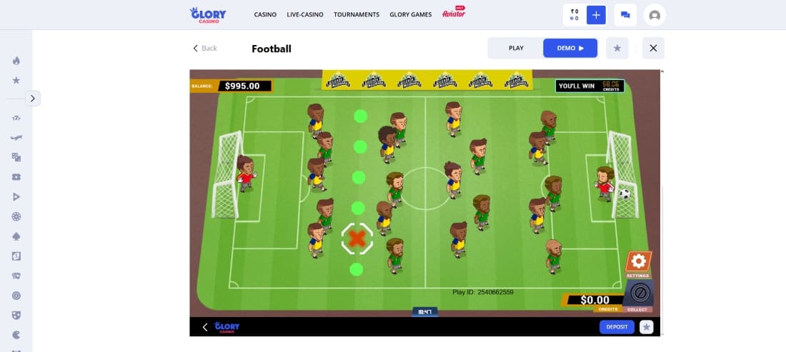 Football-themed casino game on Glory Casino showing a penalty shoot with players on field