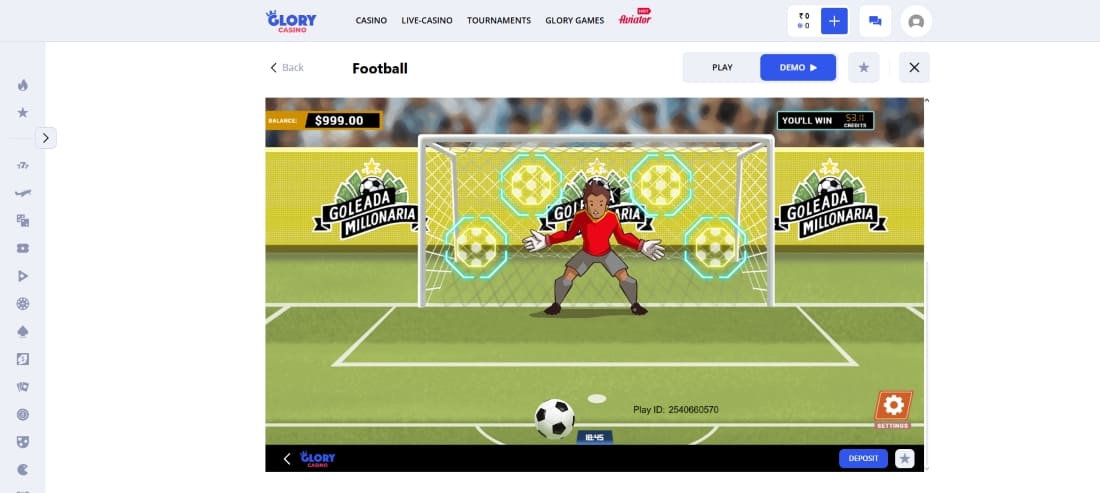 Glory Casino football game with bonus goal targets and animated goalkeeper interaction