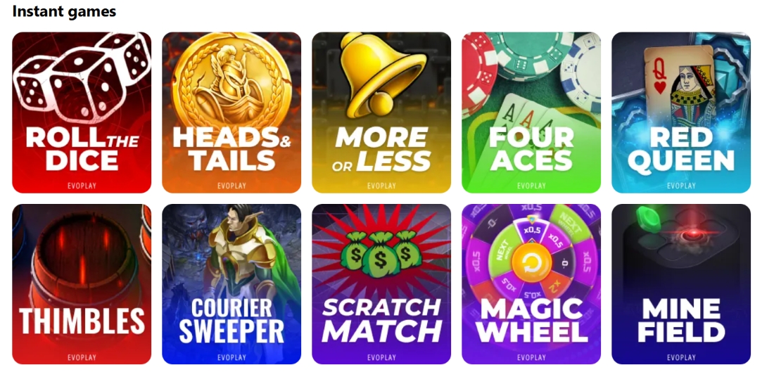 Instant games section with titles like Roll the Dice, Four Aces, and Magic Wheel