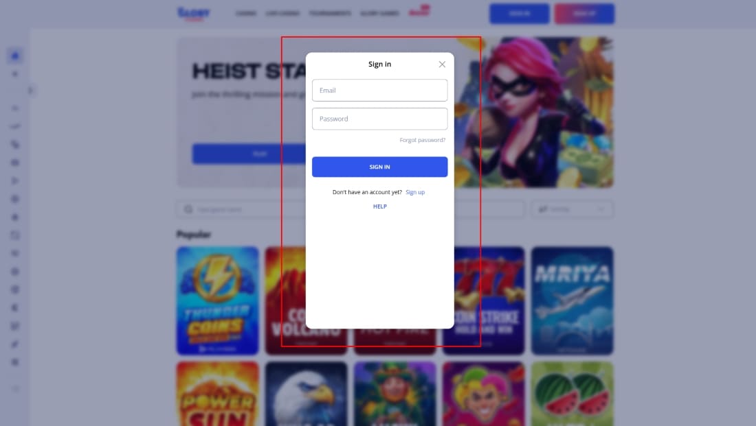 Login form at Glory Casino with email, password fields, and links to help and registration