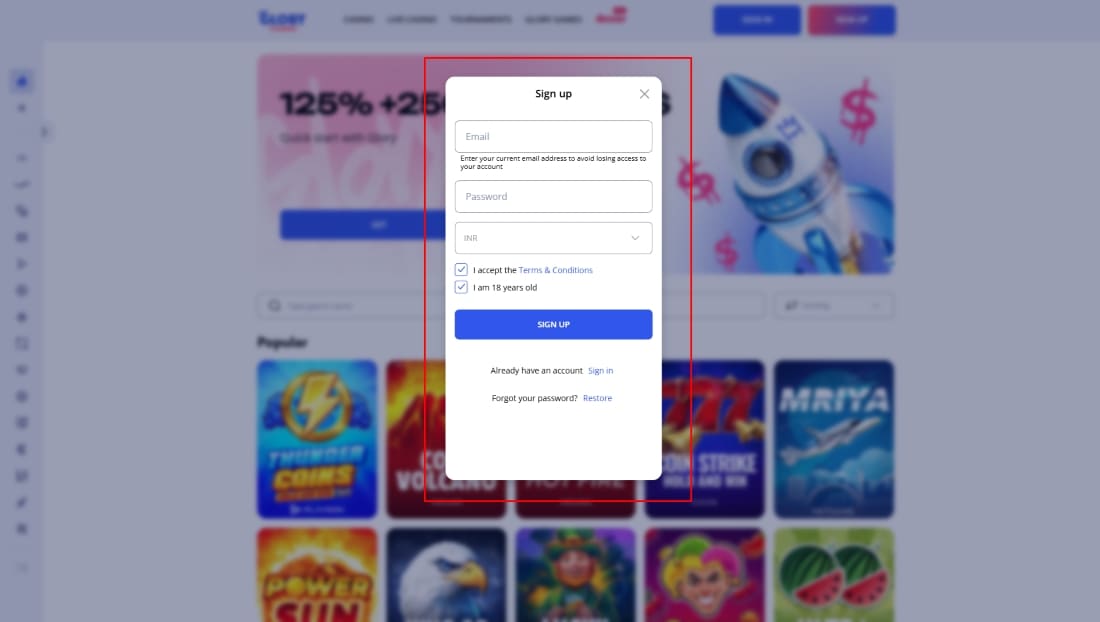 Registration form at Glory Casino showing email, password, currency, and checkboxes