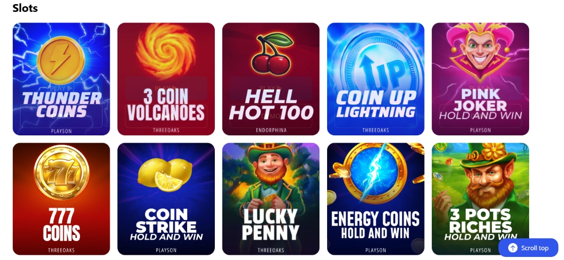 Slot game collection at Glory Casino with popular titles like Hell Hot 100 and Lucky Penny